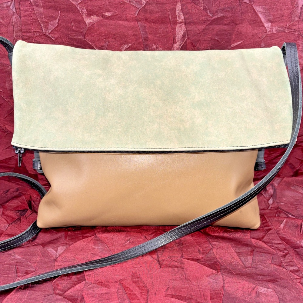 Genuine Leather and Suede LILE Fold Over Crossbody Purse Brown‎ Green Black EUC
